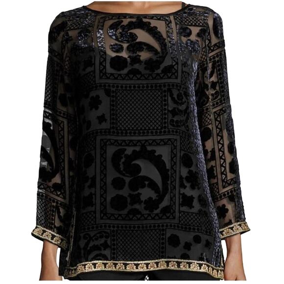 Calypso St Barth Top Mianette Black, Gold Velvet Burnout Long Sleeve Top Size XS - Picture 1 of 8